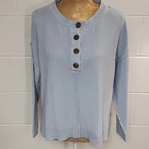 Natural Reflections Light Blue Textured, Button, Crew Neck, Sweater